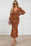 Printed V-Neck Smocked Midi Dress - Trendsi