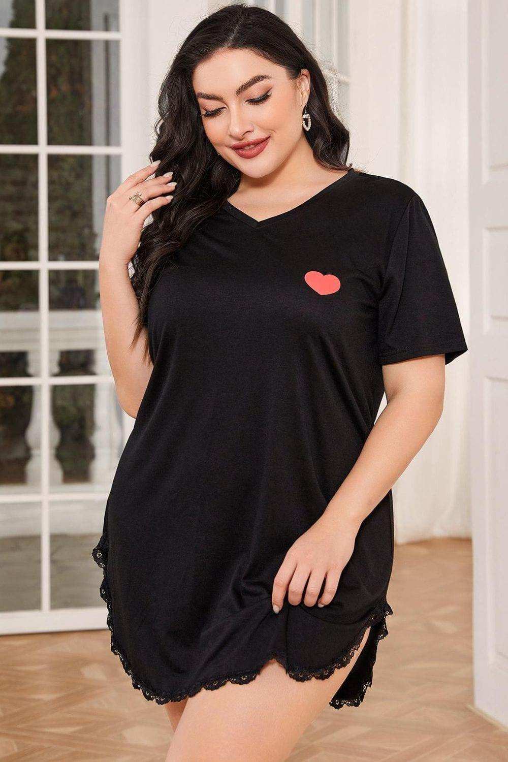 Plus Size Lace Trim V-Neck Short Sleeve Night Dress - Trendsi - Flyclothing LLC