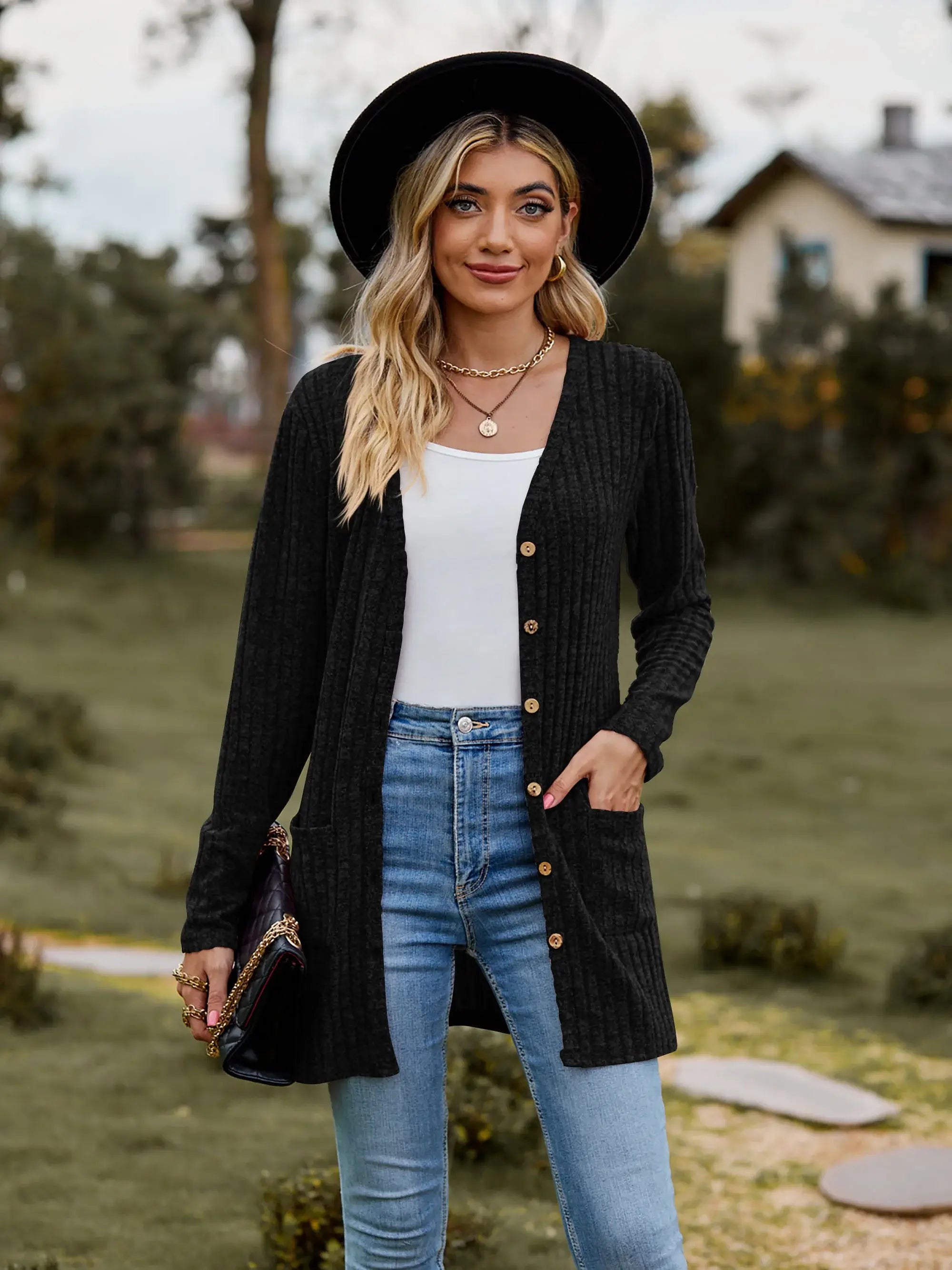 Ribbed Button-UP Caradigan with Pockets - Trendsi - Flyclothing LLC