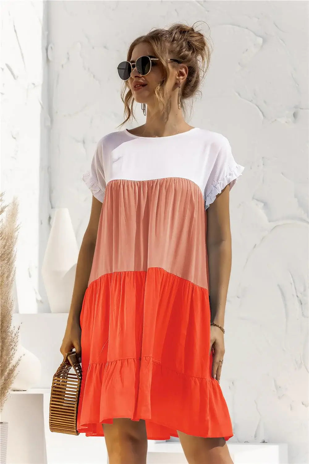 Color Block Round Neck Ruffle Hem Dress - Trendsi - Flyclothing LLC