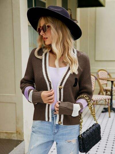 Contrast Button Up Dropped Shoulder Cardigan - Trendsi - Flyclothing LLC
