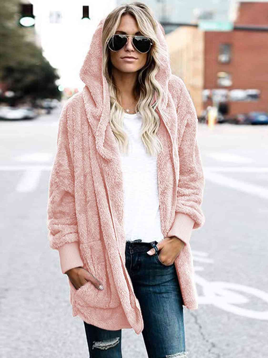 Teddy Hooded Jacket with Pockets - Trendsi - Flyclothing LLC