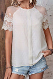 Swiss Dot Spliced Lace Round Neck Blouse - Trendsi