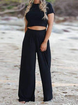 Round Neck Short Sleeve Top and Pocketed Pants Set - Trendsi - Flyclothing LLC