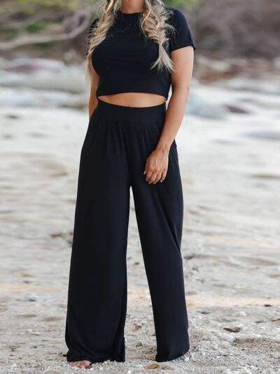 Round Neck Short Sleeve Top and Pocketed Pants Set - Trendsi - Flyclothing LLC