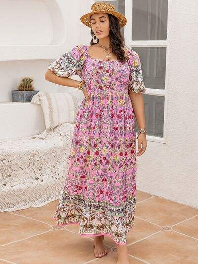 Plus Size Printed Square Neck Ruffle Hem Dress - Trendsi - Flyclothing LLC