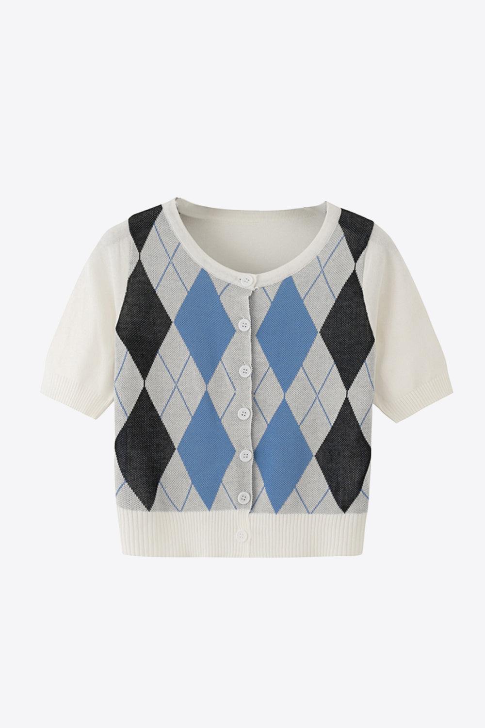 Argyle Round Neck Ribbed Trim Cardigan - Trendsi
