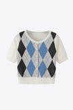 Argyle Round Neck Ribbed Trim Cardigan - Trendsi