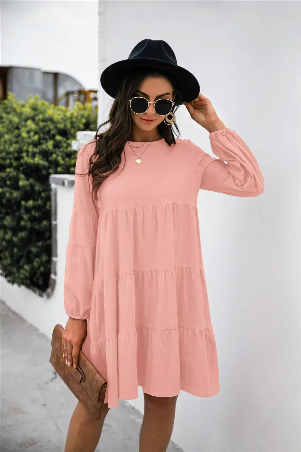Balloon Sleeve Keyhole Tiered Dress - Trendsi - Flyclothing LLC