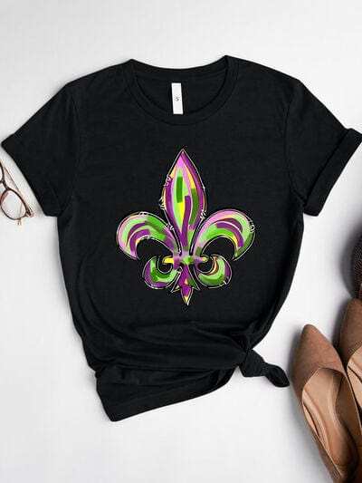 Mardi Gras Graphic Round Neck Short Sleeve T-Shirt - Trendsi - Flyclothing LLC