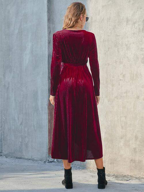Tie Front Long Sleeve Slit Dress - Trendsi - Flyclothing LLC
