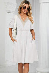 V-Neck Puff Sleeve Dress - Trendsi - Flyclothing LLC