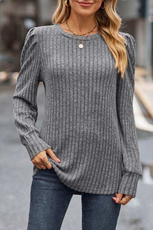 Ribbed Round Neck Long Sleeve Knit Top - Trendsi - Flyclothing LLC