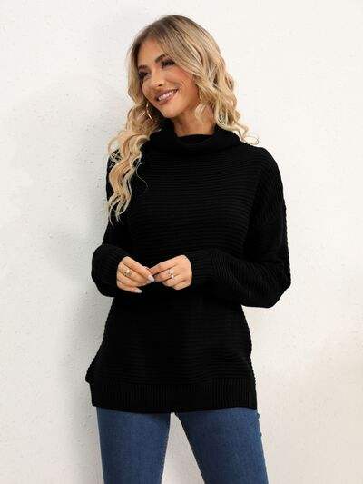 Slit Turtleneck Dropped Shoulder Sweater - Trendsi - Flyclothing LLC
