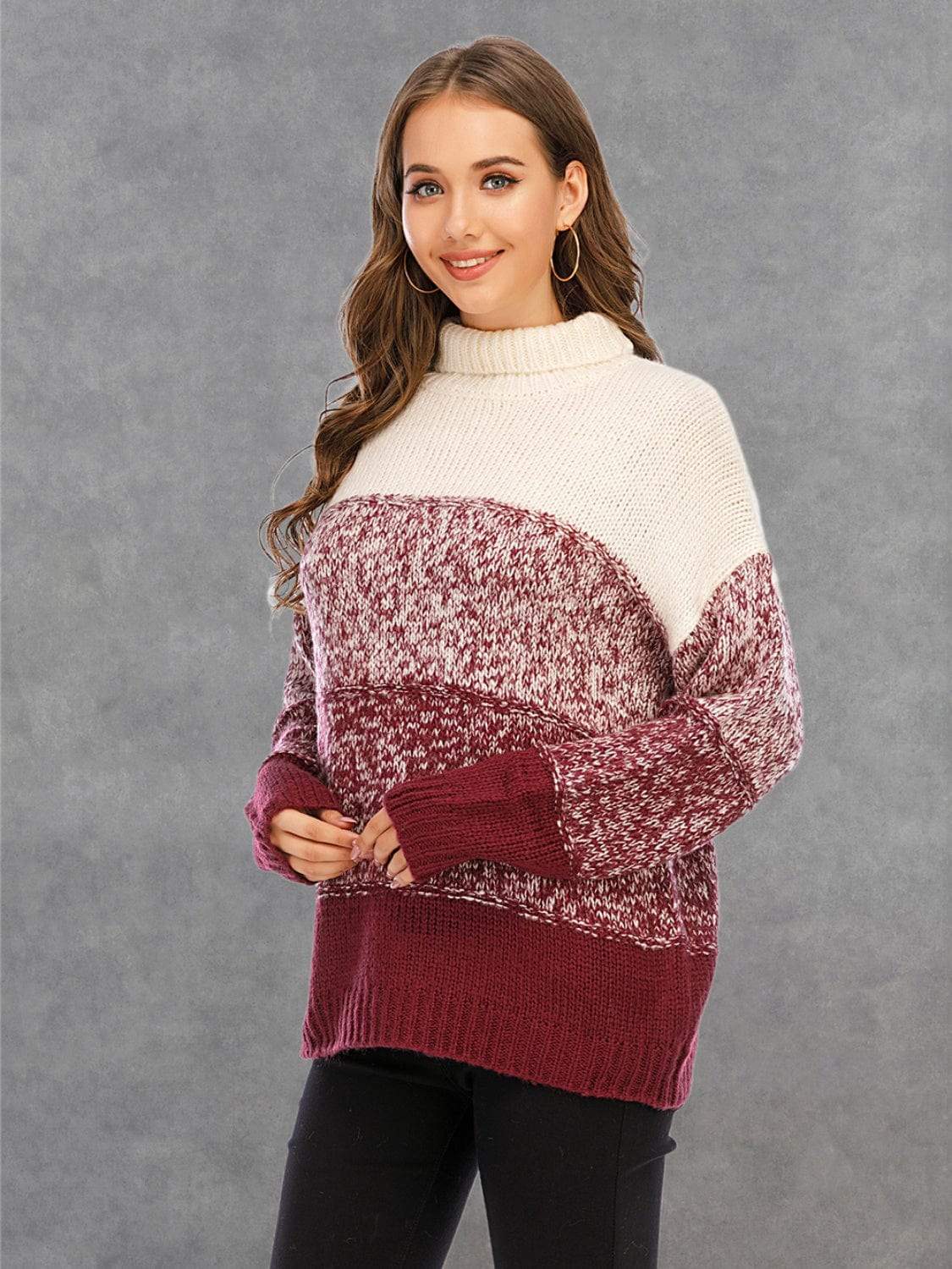 Color Block Turtleneck Sweater - Trendsi - Flyclothing LLC