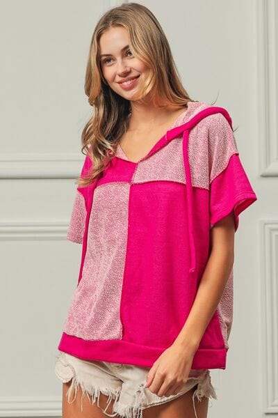 BiBi Color Block Exposed Seam Short Sleeve Hooded Top - Trendsi - Flyclothing LLC
