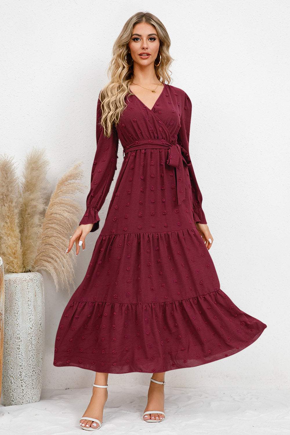 Swiss Dot Tied Surplice Flounce Sleeve Dress - Trendsi - Flyclothing LLC