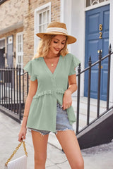 Buttoned V-Neck Ruffle Trim Top - Trendsi - Flyclothing LLC