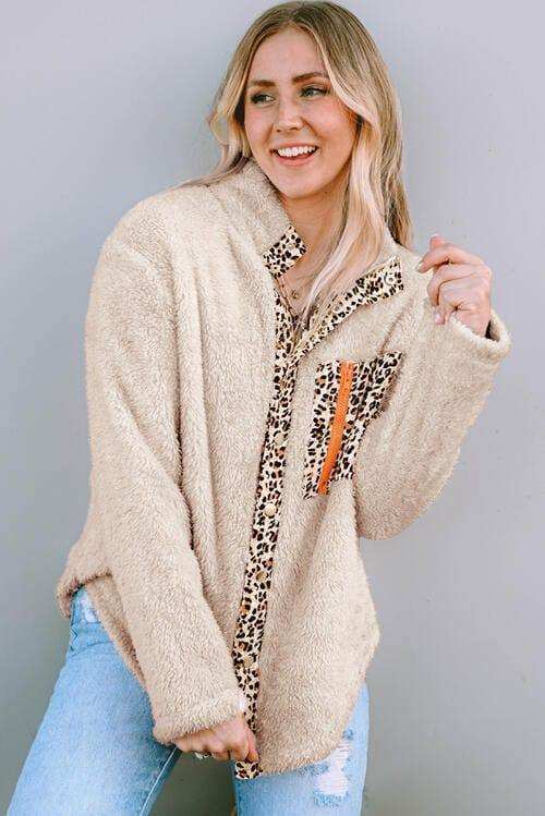 Leopard Snap Down Pocketed Collared Neck Jacket - Trendsi - Flyclothing LLC