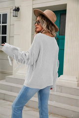 Ribbed Round Neck Fringe Detail Sweater - Trendsi - Flyclothing LLC