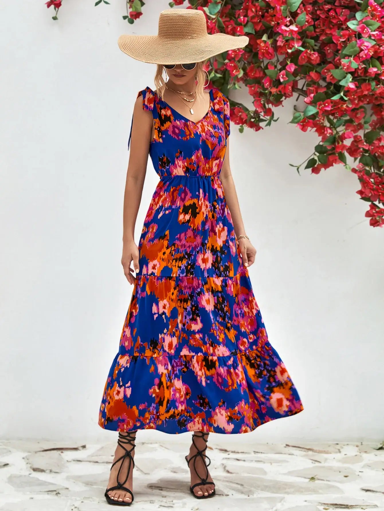 Multicolored V-Neck Backless Midi Dress - Trendsi - Flyclothing LLC