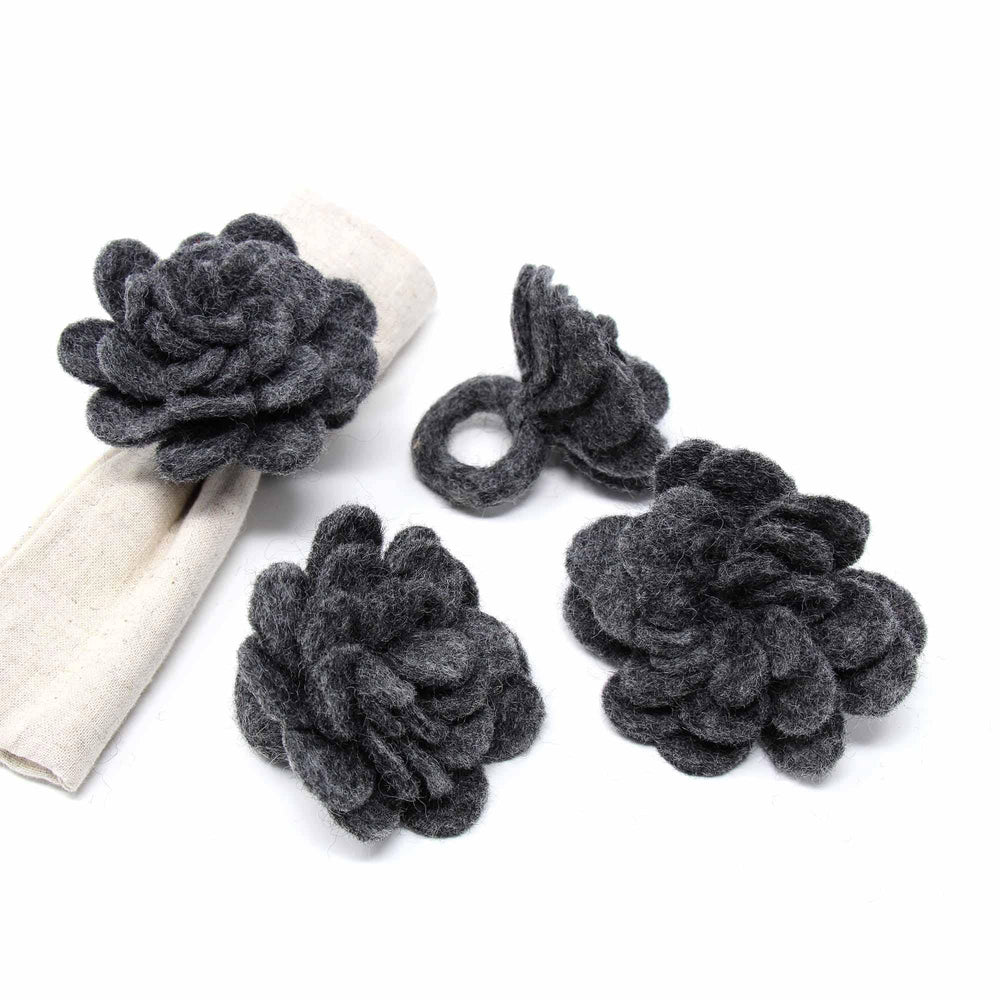 Set of 4 Felt Napkin Rings, Charcoal Zinnias - Global Groove Direct