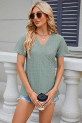 Eyelet Surplice Short Sleeve T-Shirt - Trendsi - Flyclothing LLC
