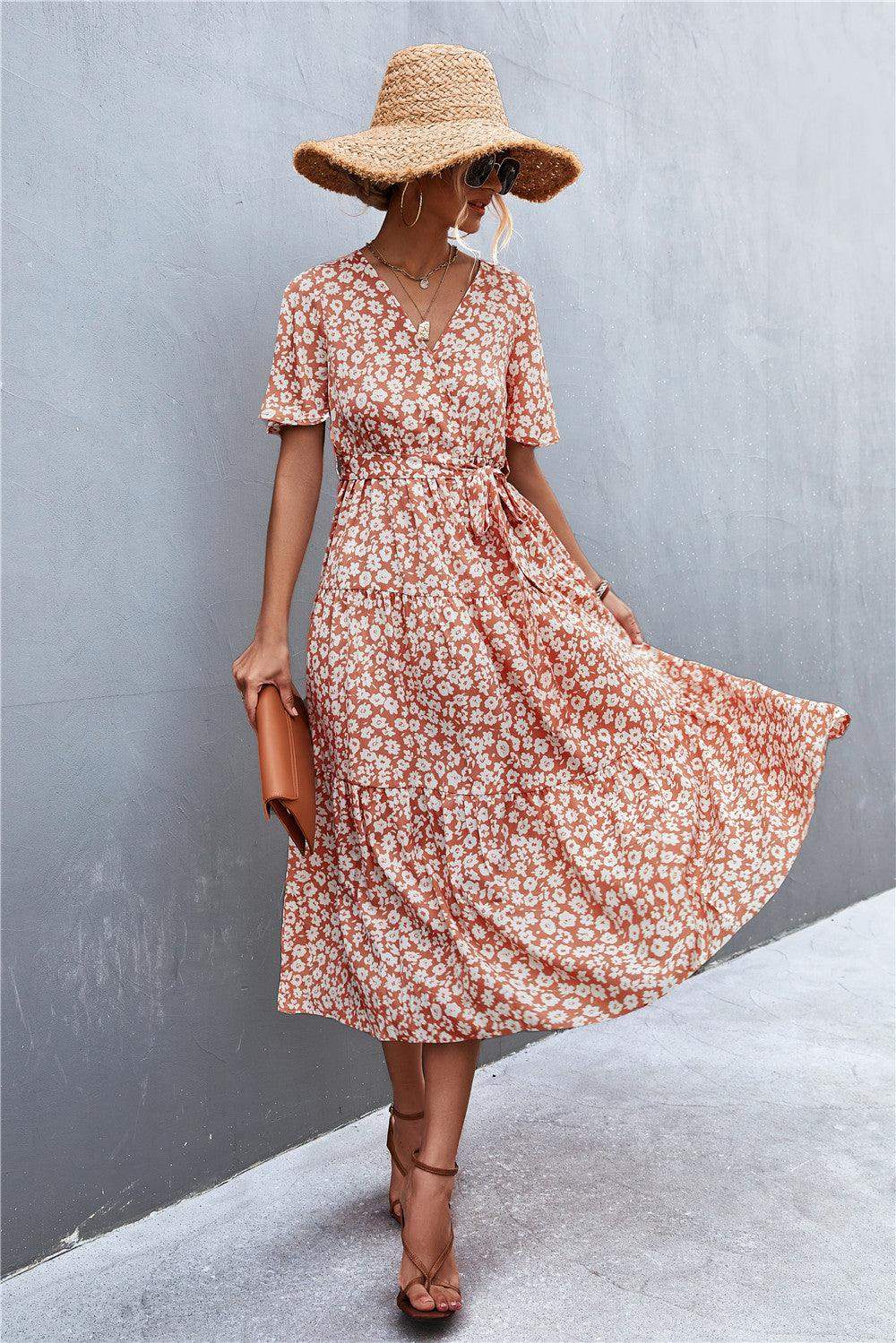 Printed V-Neck Flutter Sleeve Belted Dress - Trendsi - Flyclothing LLC