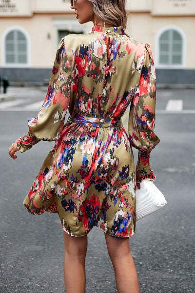 Printed Tie Waist Mock Neck Lantern Sleeve Dress - Trendsi - Flyclothing LLC