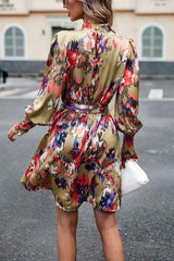 Printed Tie Waist Mock Neck Lantern Sleeve Dress - Trendsi - Flyclothing LLC