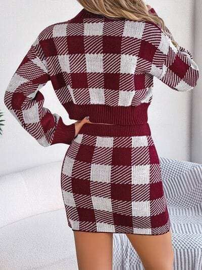 Plaid Round Neck Top and Skirt Sweater Set - Trendsi - Flyclothing LLC