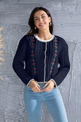 Graphic Cable-Knit Button Up Cardigan - Trendsi