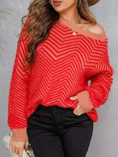 Striped Round Neck Dropped Shoulder Sweater - Trendsi - Flyclothing LLC