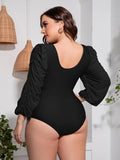 Plus Size Tied Deep V Balloon Sleeve One-Piece Swimsuit - Trendsi