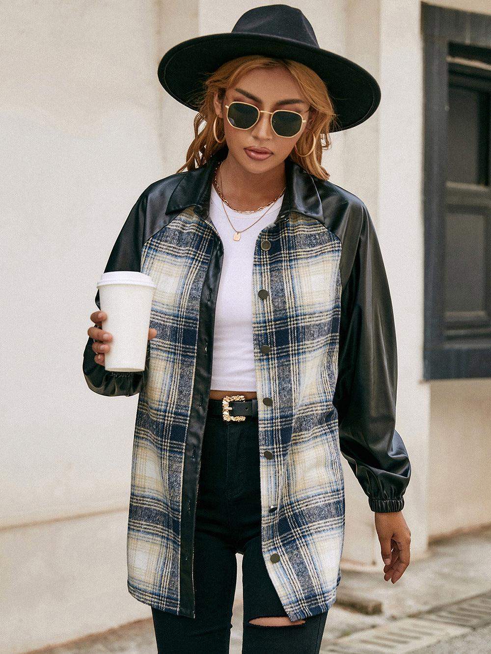 Plaid Button Down Raglan Sleeve Jacket - Trendsi - Flyclothing LLC