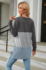 Color Block Round Neck Long Sleeve Slit T-Shirt - Trendsi