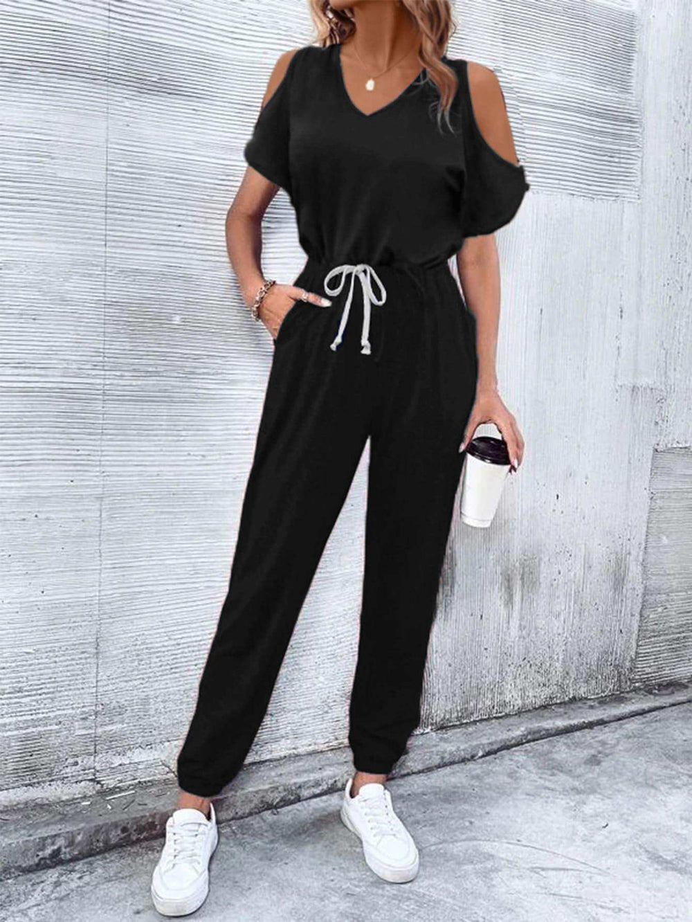 V-Neck Cold-Shoulder Jumpsuit with Pockets - Trendsi - Flyclothing LLC