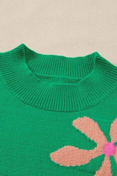 Flower Mock Neck Short Sleeve Sweater - Trendsi - Flyclothing LLC