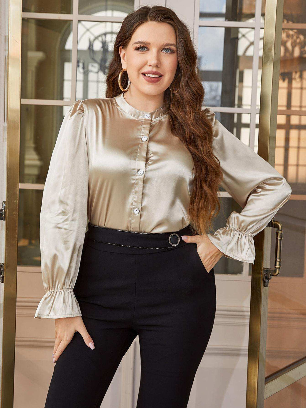 Plus Size Flounce Sleeve Band Collar Shirt - Trendsi - Flyclothing LLC