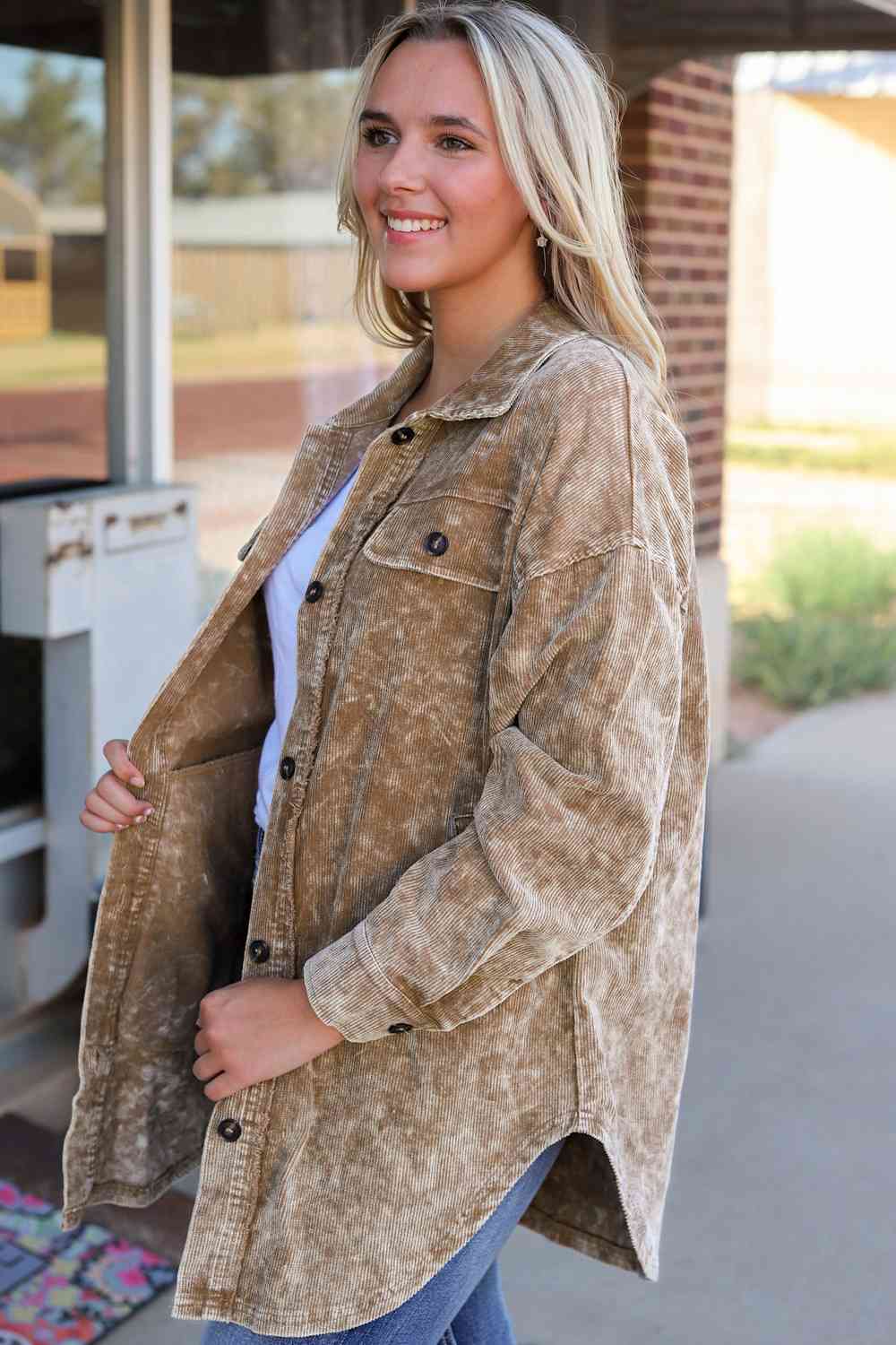 Washed Button Down Dropped Shoulder Jacket - Trendsi - Flyclothing LLC