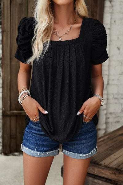 Eyelet Square Neck Puff Sleeve T-Shirt - Trendsi - Flyclothing LLC