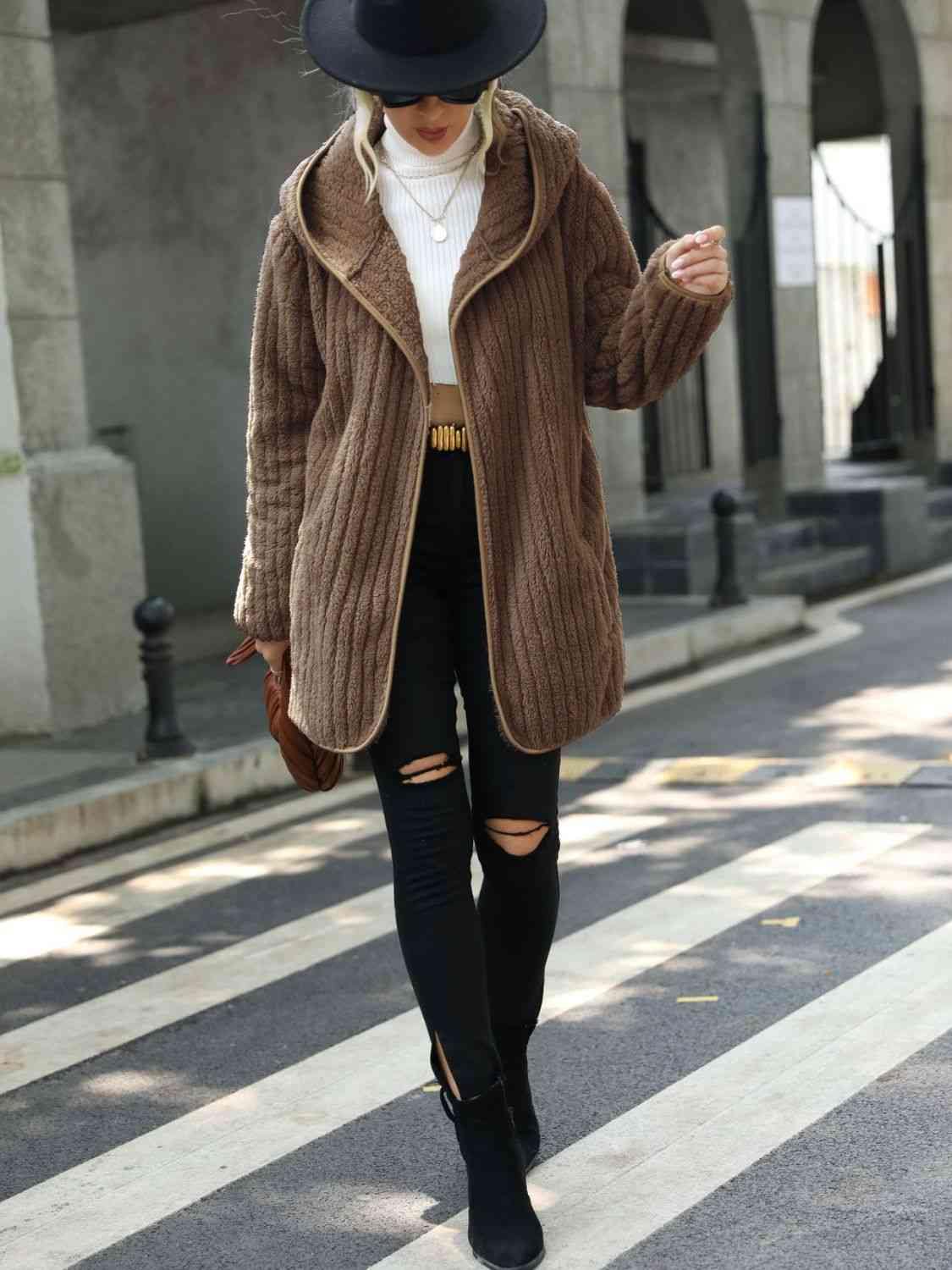 Open Front Ribbed Hooded Coat - Trendsi