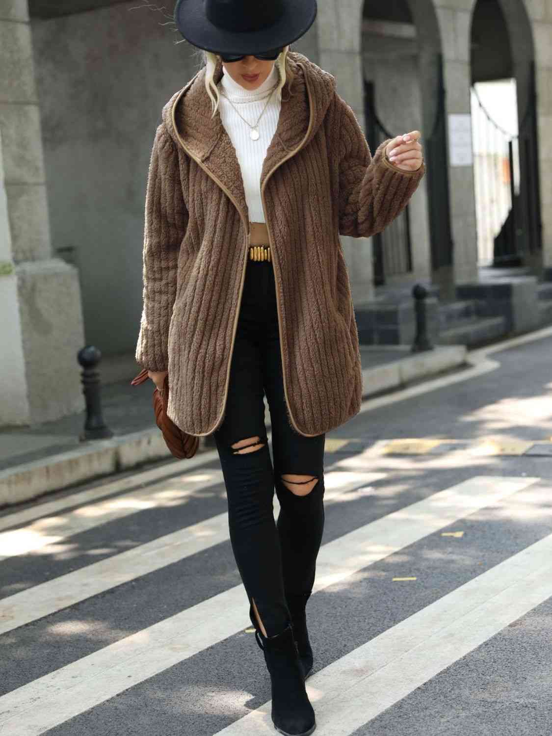 Open Front Ribbed Hooded Coat - Trendsi - Flyclothing LLC