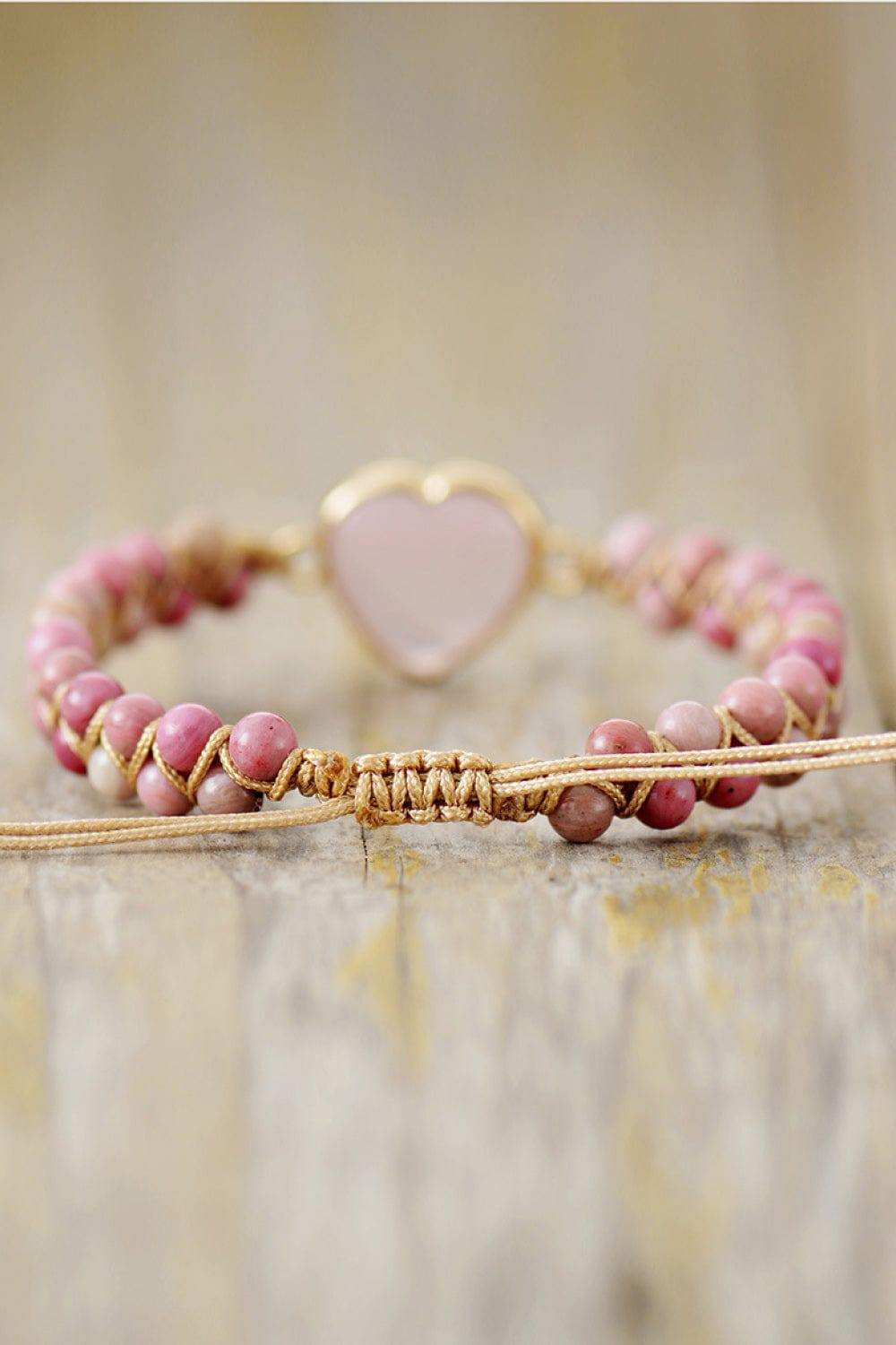 Rose Quartz Heart Beaded Bracelet - Trendsi - Flyclothing LLC