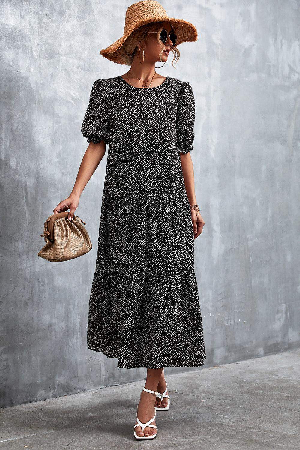 Printed Flounce Sleeve Tiered Dress - Trendsi - Flyclothing LLC