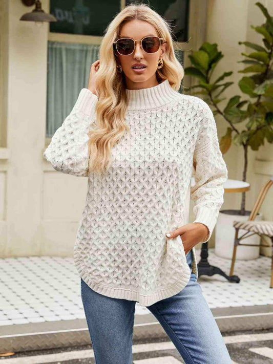 Mock Neck Slit Sweater - Trendsi - Flyclothing LLC