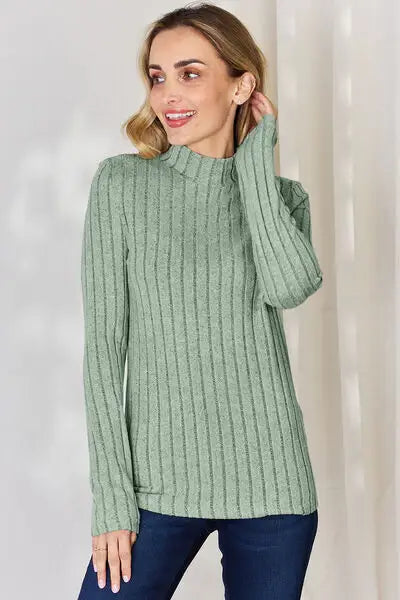 Basic Bae Full Size Ribbed Mock Neck Long Sleeve T-Shirt - Trendsi - Flyclothing LLC