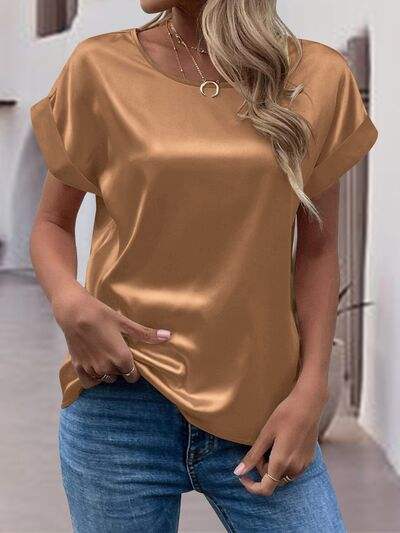 Round Neck Short Sleeve T-Shirt - Trendsi - Flyclothing LLC
