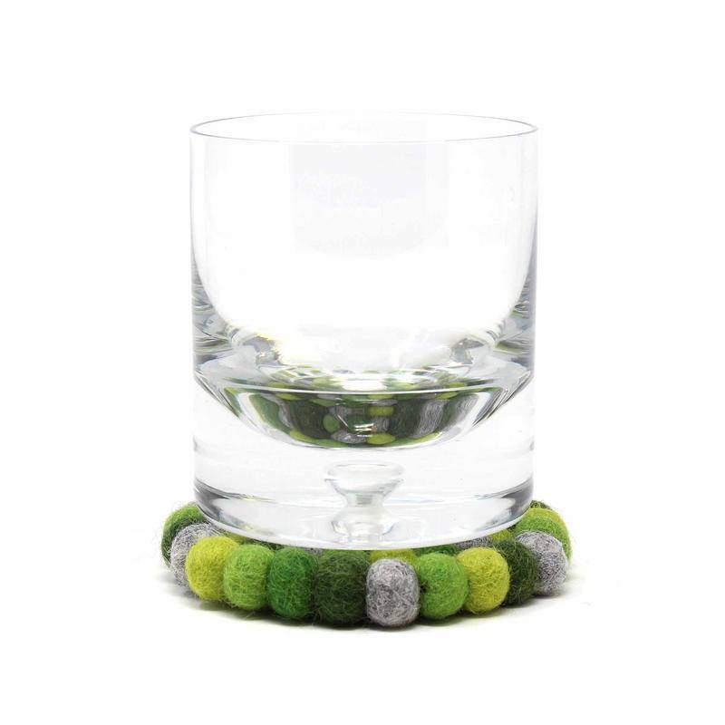 Hand Crafted Felt Ball Coasters from Nepal: 4-pack, Chakra Greens - Global Groove (T) - Global Groove