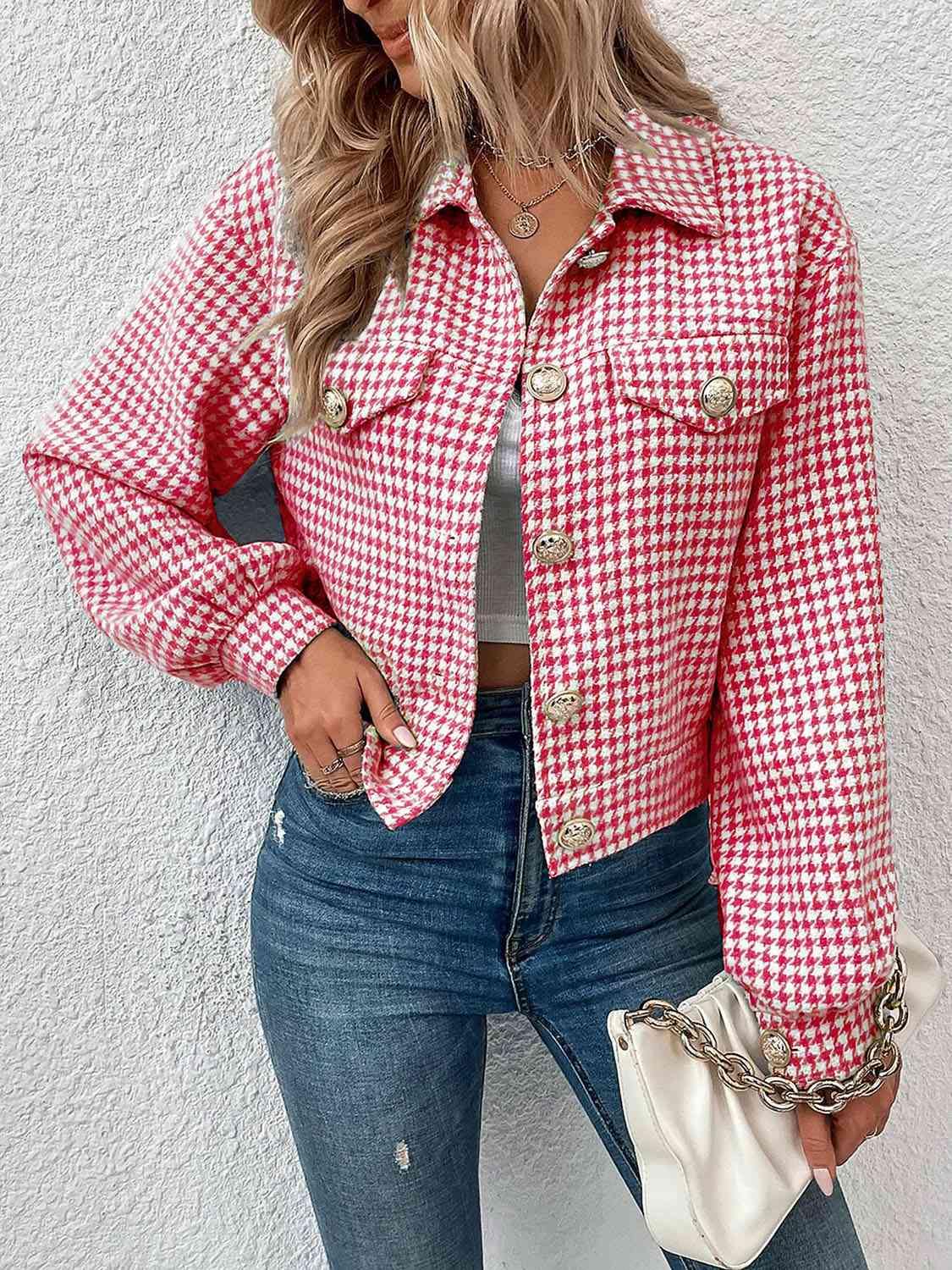 Houndstooth Collared Neck Button Up Jacket - Trendsi